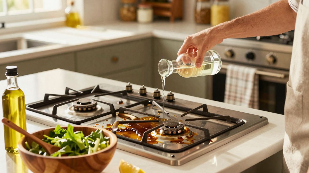 Pessoa a deitar líquido inflamável no fogão sujo com óleo numa cozinha moderna.