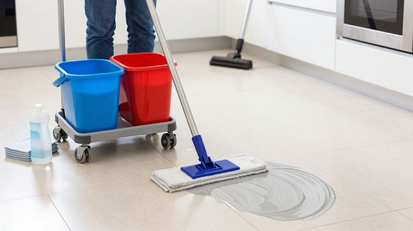 Pessoa a limpar chão de azulejo com esfregona e baldes azul e vermelho numa cozinha moderna.