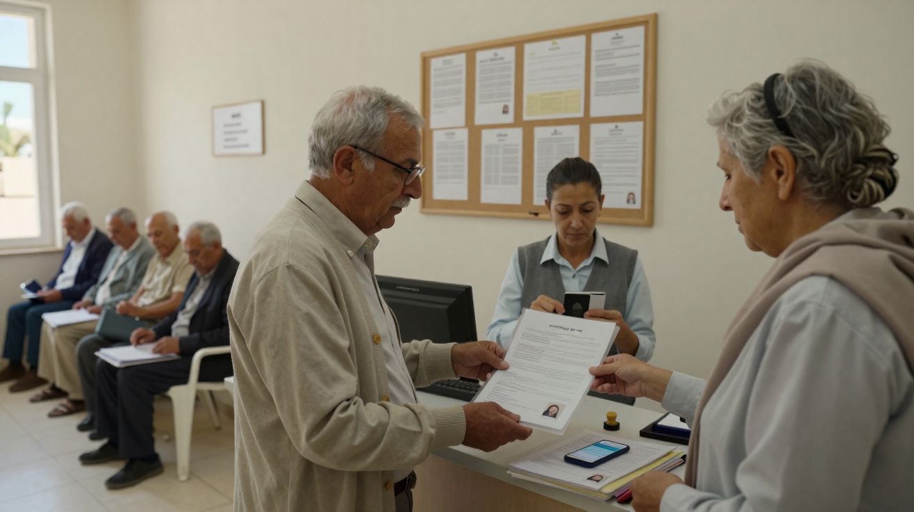 Homem sénior entrega documento a funcionária enquanto outros homens esperam sentados numa sala de espera.
