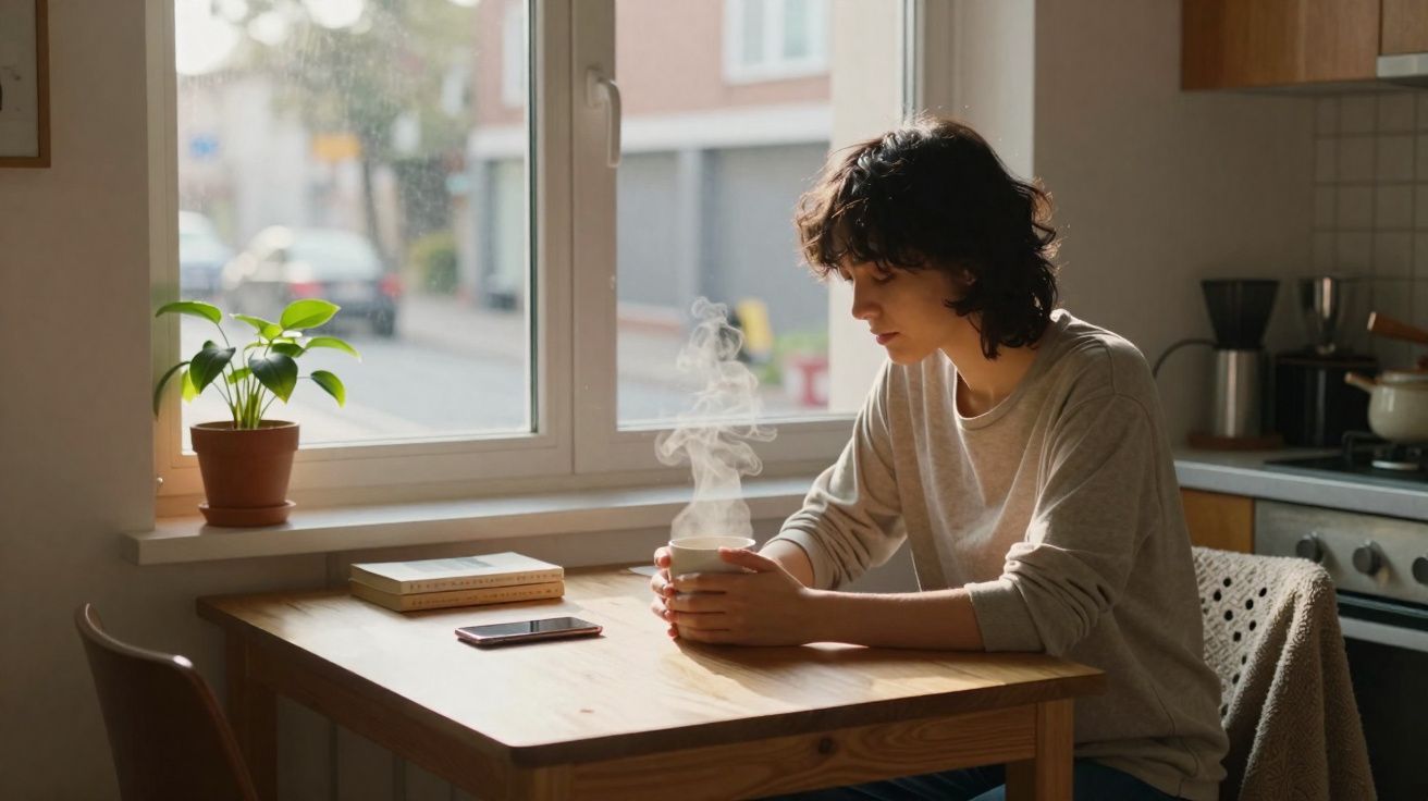 Pessoa sentada à mesa junto à janela segurando uma chávena com vapor, ao lado há um telemóvel e um livro.