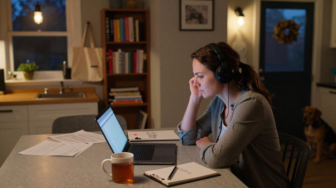 Mulher com headphones a trabalhar em portátil numa cozinha à noite, com papéis e chá na mesa.
