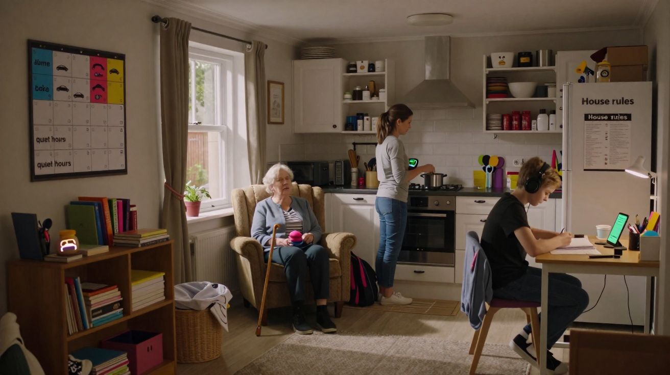 Interior de uma casa com três pessoas: idosa sentada, mulher na cozinha e jovem a estudar com auscultadores.