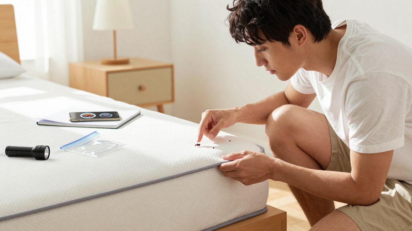 Homem sentado na beira da cama remove inseto morto de colchão branco num quarto bem iluminado.