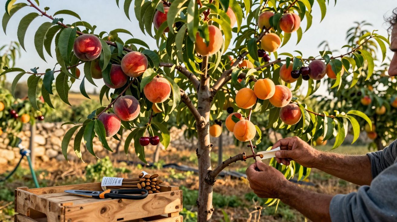 Pessoa a enxertar árvores de pessegueiros com frutos maduros num pomar ao ar livre.