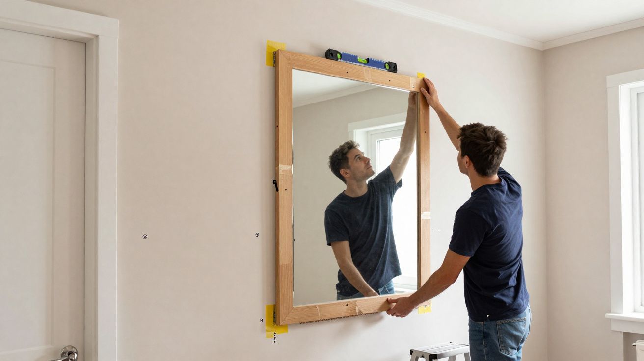 Homem a pendurar um espelho grande com moldura de madeira numa parede branca.