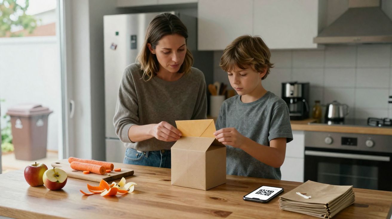 Mulher e criança a preparar almoço numa cozinha moderna, com fruta e telemóvel na bancada de madeira.