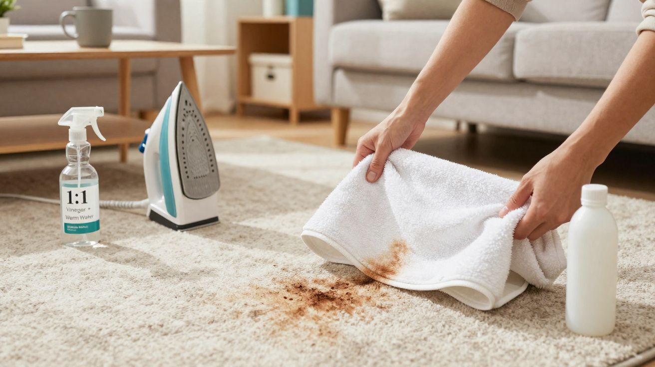 Mãos a limpar nódoa castanha num tapete com toalha branca, ferro e produtos de limpeza ao lado.