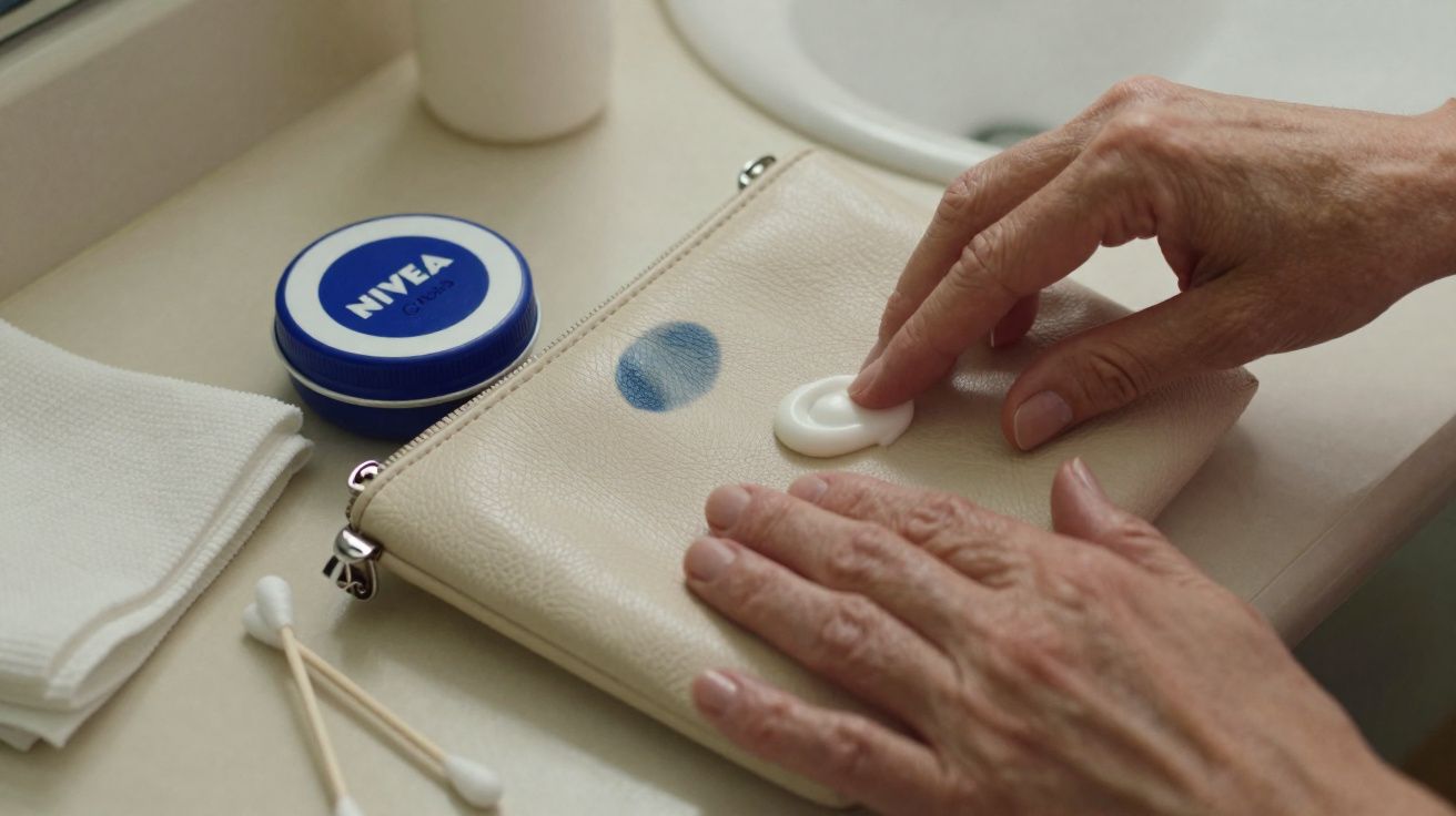 Mãos a aplicar creme para remover nódoa azul numa bolsa bege, com embalagem de Nivea e cotonetes ao lado.