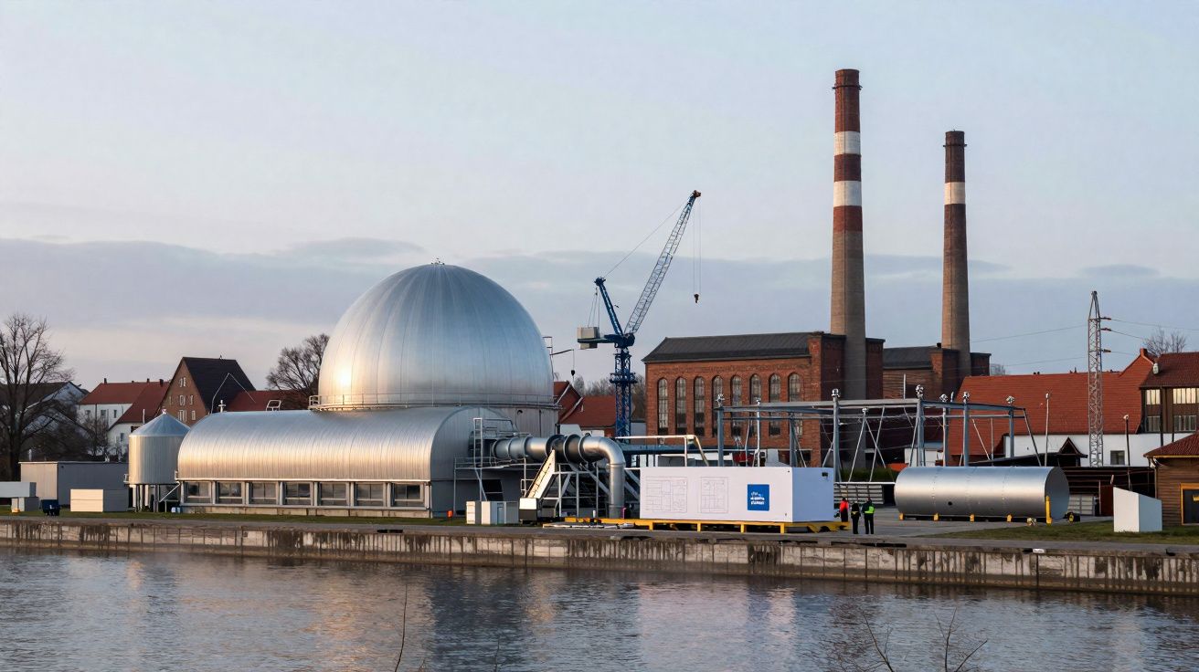 Instalação industrial com tanques metálicos e chaminés junto a um rio numa área urbana.