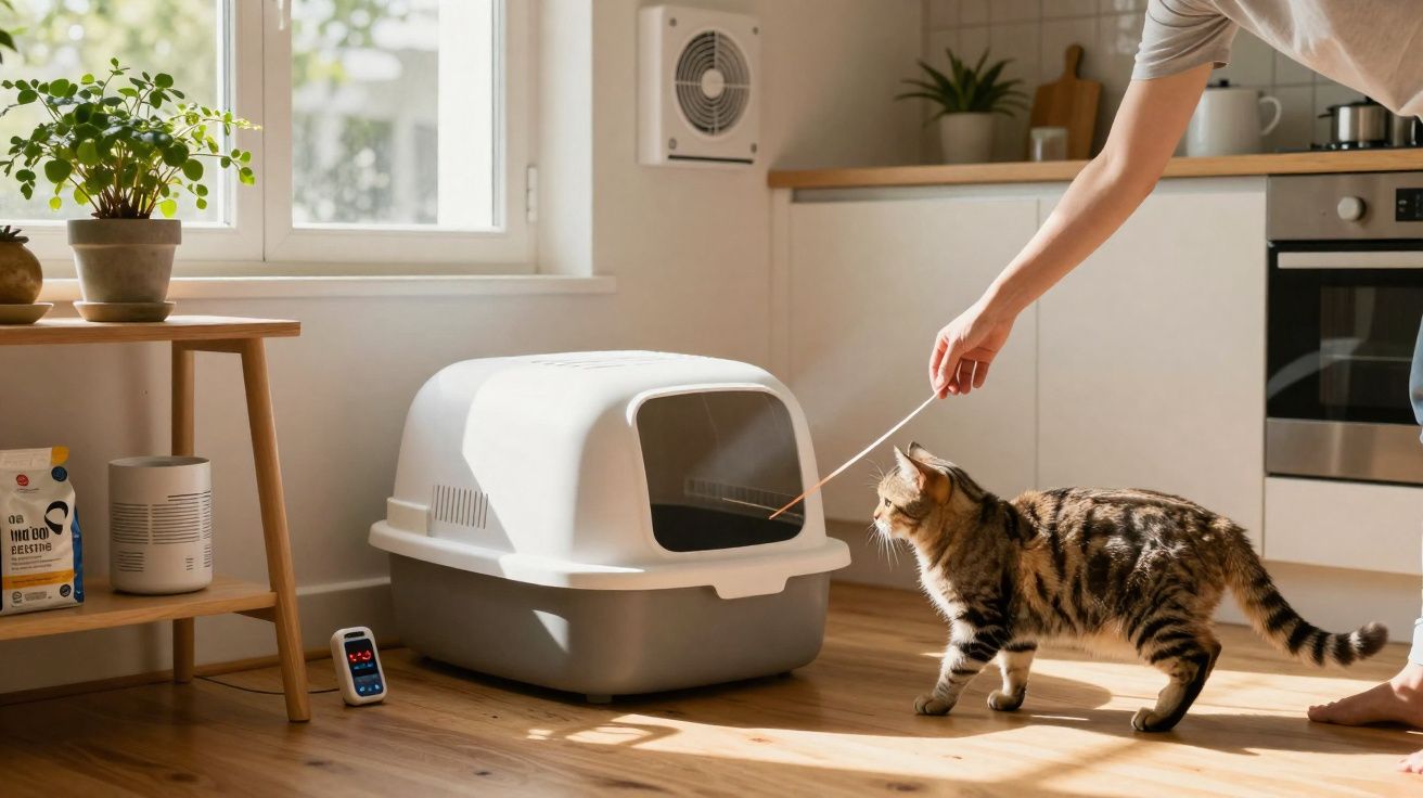 Gato a brincar com brinquedo de varinha junto a casa de banho para gatos numa cozinha iluminada.