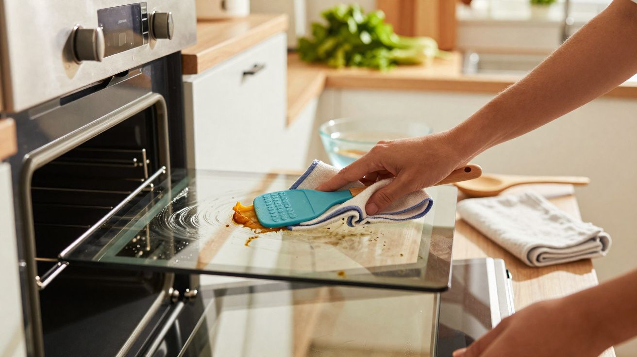 Pessoa a limpar a porta de vidro do forno com um pano e uma espátula azul na cozinha.