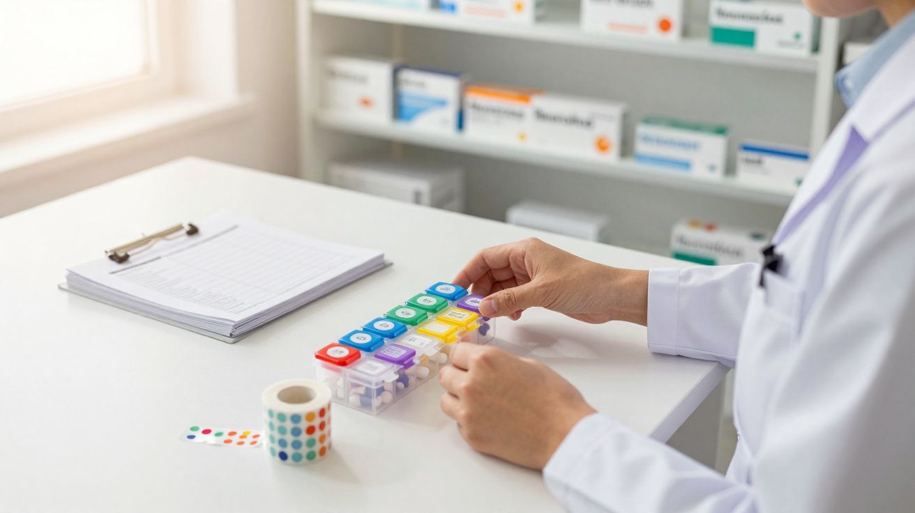 Pessoa de bata branca a organizar comprimidos em doseador semanal colorido numa mesa branca, com medicamentos ao fundo.