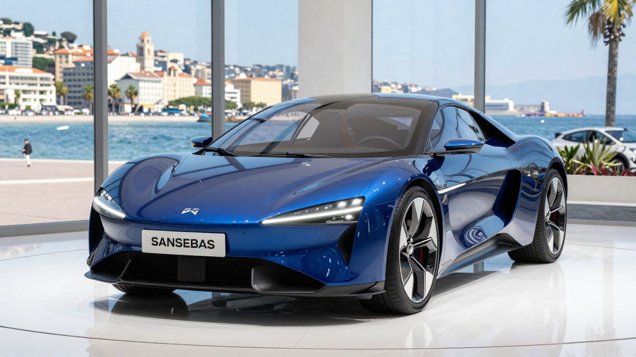 Carro desportivo azul brilhante exibido em espaço moderno com vista para a baía e cidade ao fundo.