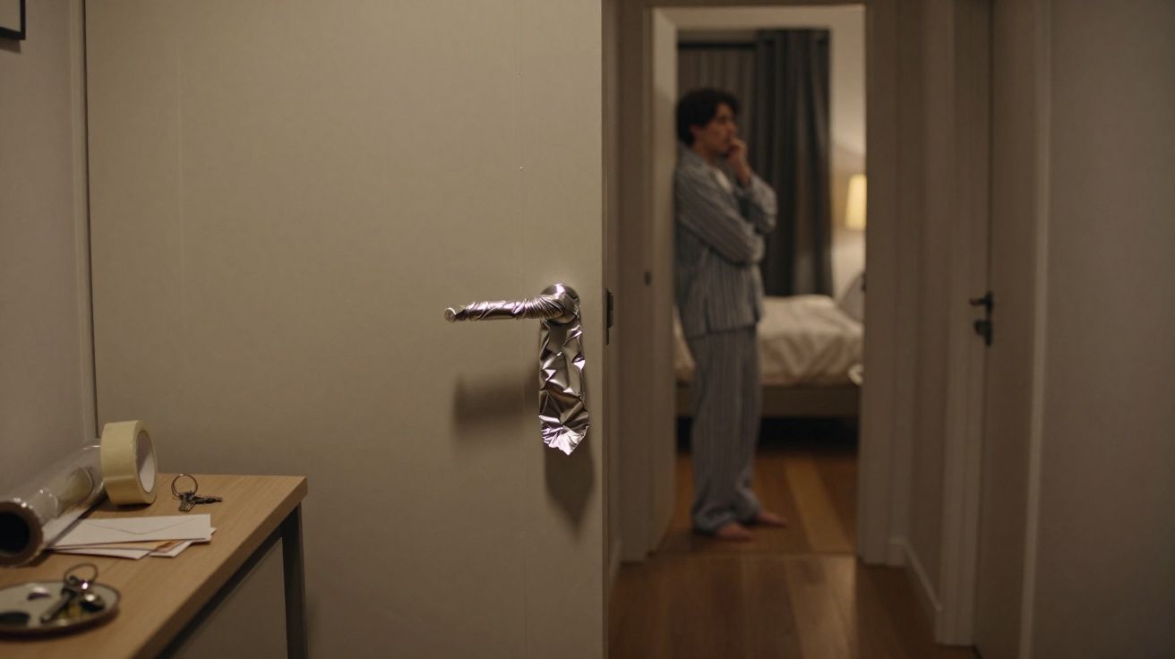 Pessoa de pijama a pensar na entrada de um quarto com porta forrada a papel prateado.