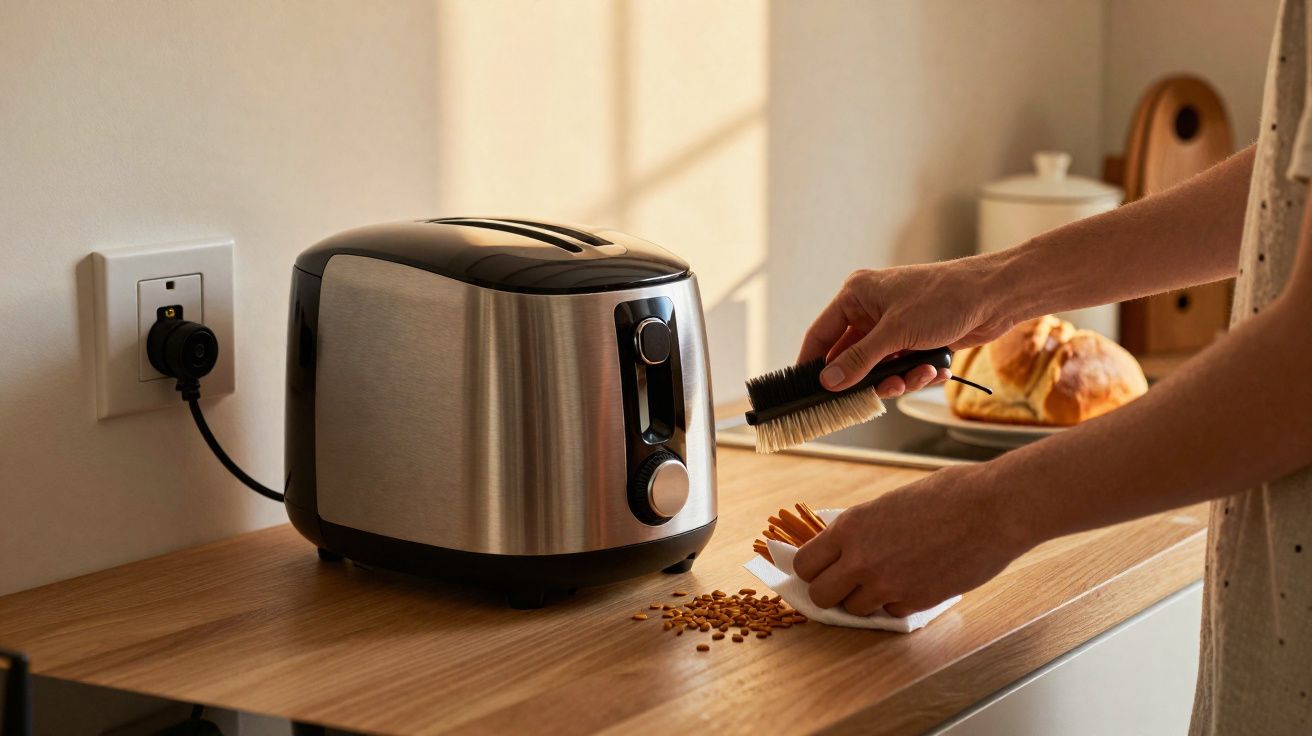 Máquina de tostas na cozinha, com mãos a limpar migalhas de pão da bancada com escova.