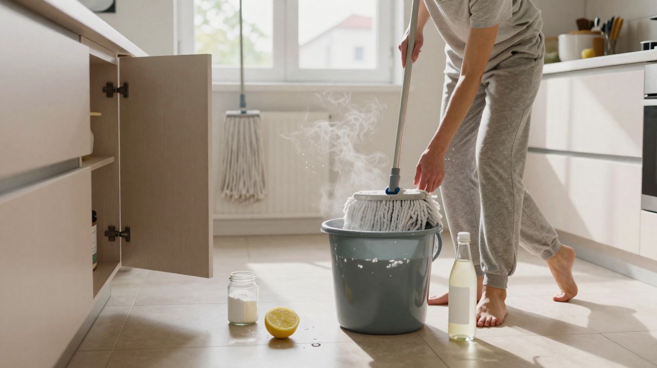Pessoa a limpar chão da cozinha com esfregona a vapor, com limão e garrafa ao lado no chão.