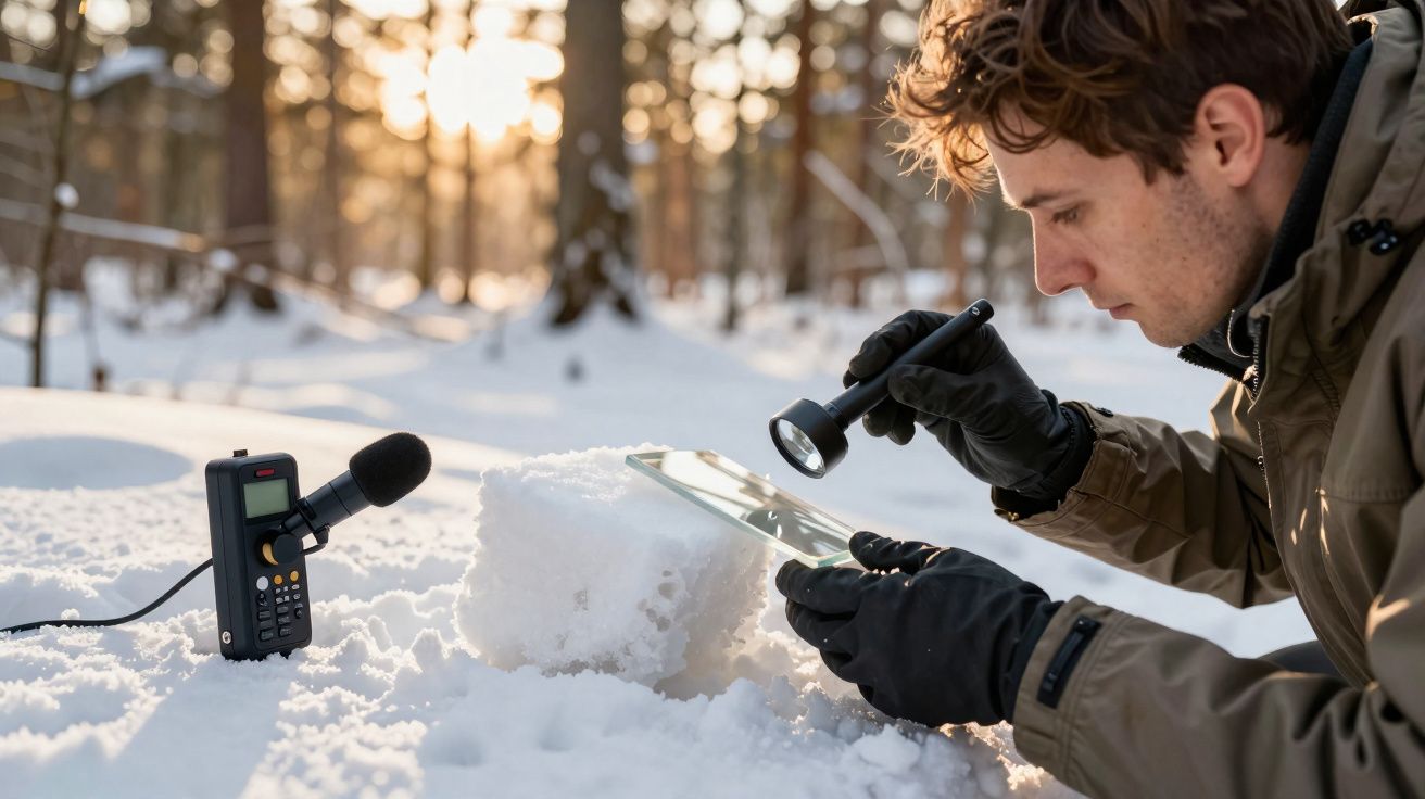 Homem com luvas examina amostra de neve com lanterna e grava áudio em floresta nevada ao pôr do sol.