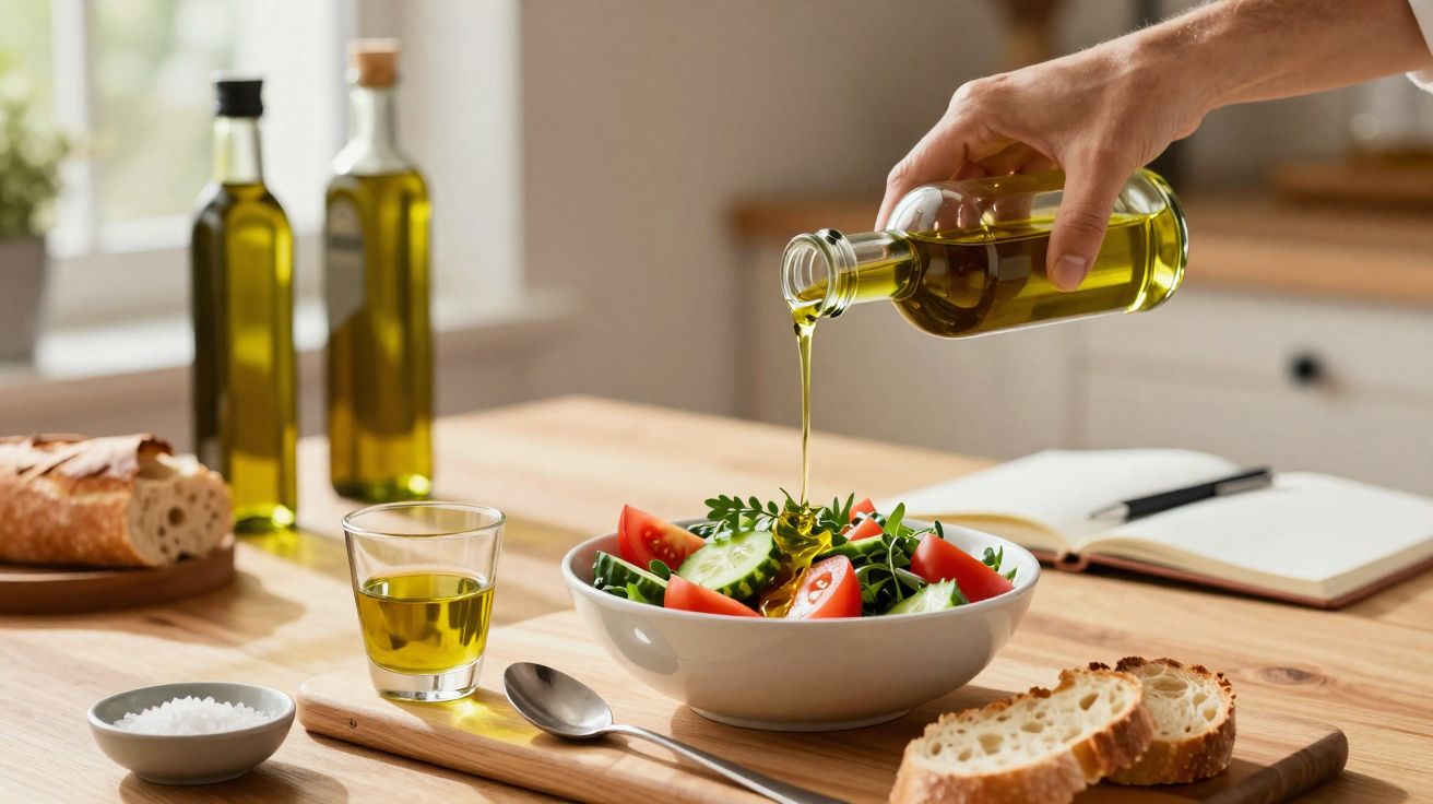 Mão a verter azeite numa salada de tomate, pepino e alface numa mesa com pão, sal e livro aberto.