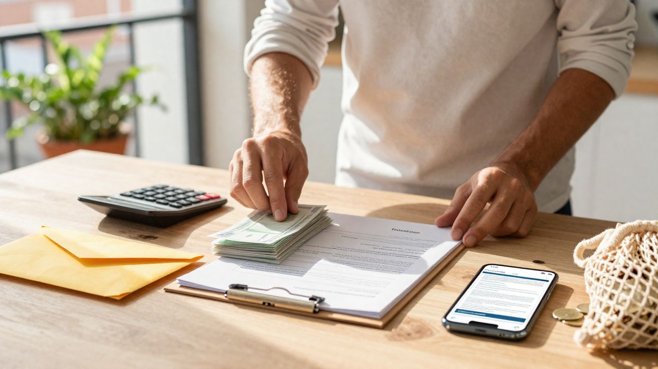 Pessoa a contar dinheiro em cima de uma mesa com documentos, envelope, calculadora e telemóvel.