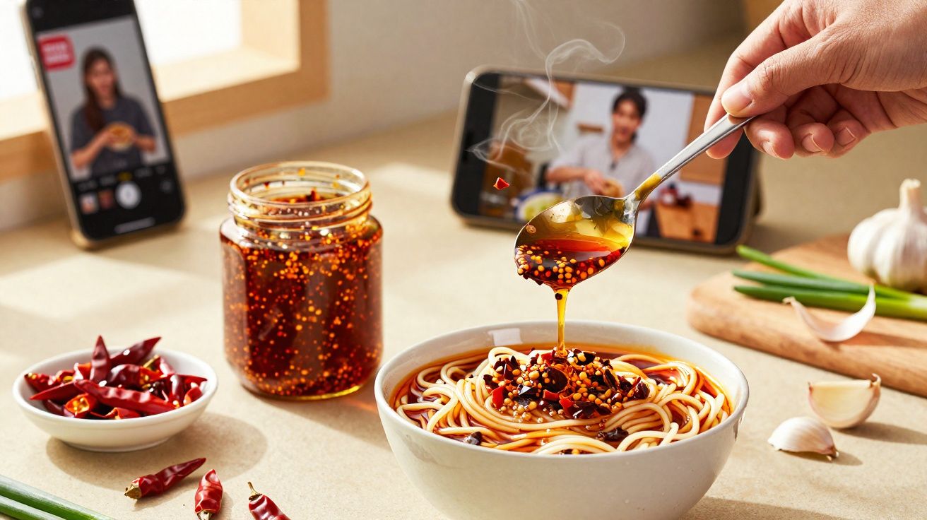 Pessoa a colocar molho picante em noodles com smartphone a mostrar vídeo de receita ao fundo.