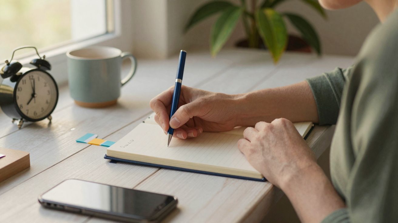 Pessoa a escrever num caderno numa mesa com um telemóvel, caneca, relógio e planta ao fundo.