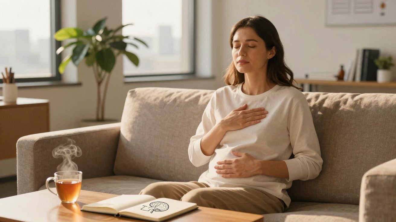 Mulher grávida sentada no sofá com olhos fechados, mão no peito e barriga, relaxando numa sala iluminada.