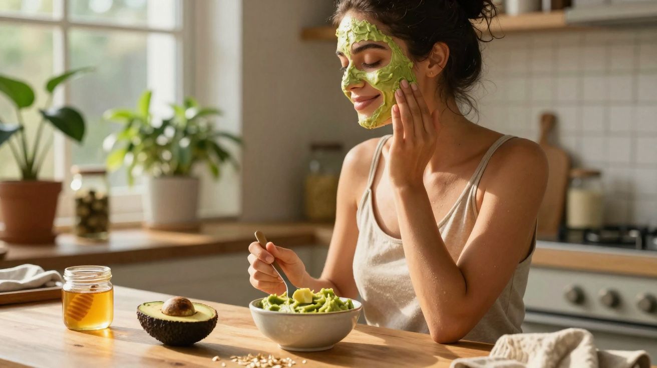 Mulher com máscara facial de abacate sentada à mesa com tigela de abacate e mel na cozinha luminosa.