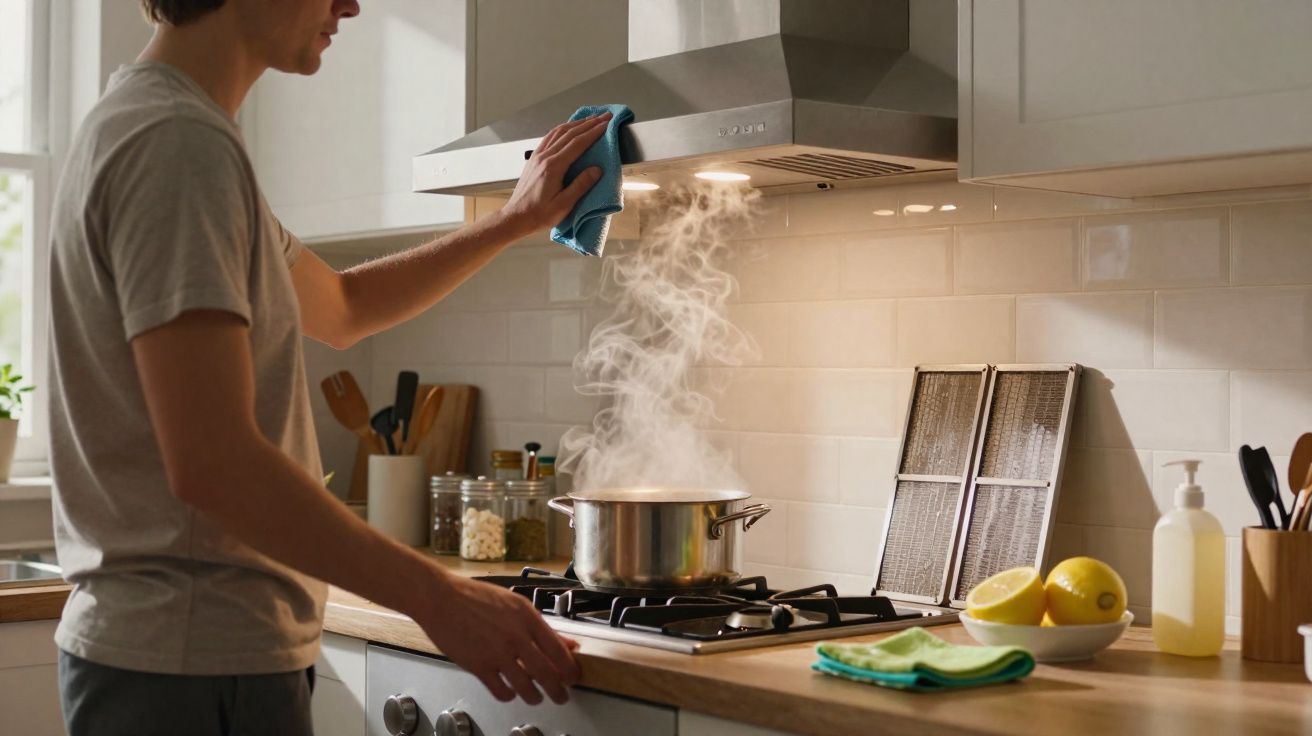 Pessoa a limpar a chapa da exaustor enquanto cozinha num fogão com vapor a sair da panela.