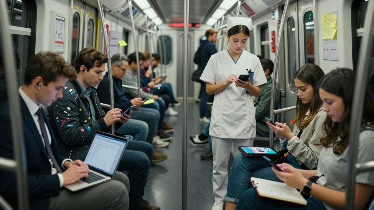 Passageiros no metro, maioria usando dispositivos eletrónicos, incluindo uma enfermeira de branco ao centro.