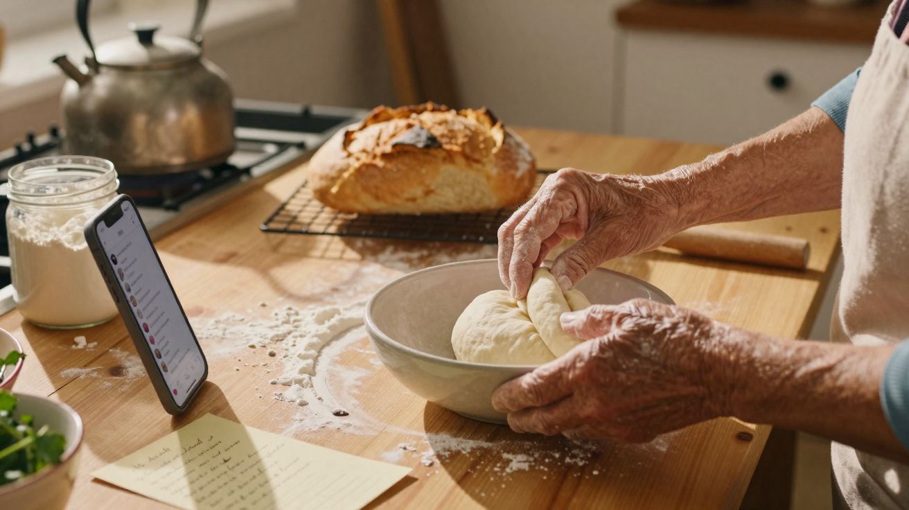 Mãos de pessoa idosa amassam massa numa tigela, com pão, telemóvel e utensílios na bancada da cozinha.