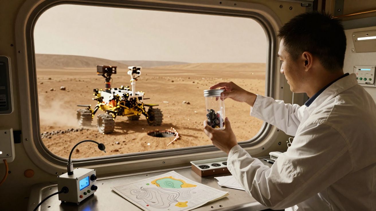 Homem em laboratório observa amostras e rover a explorar terreno marciano através de janela panorâmica.