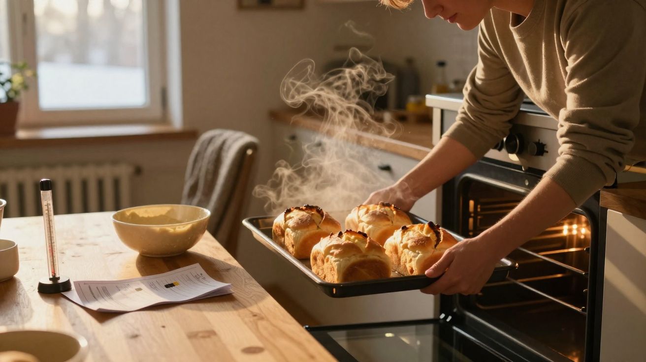 Pessoa a retirar pão fumegante acabado de fazer do forno numa cozinha acolhedora.