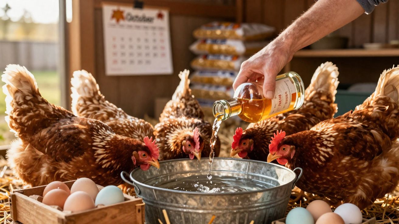 Galinha rodeada por ovos com pessoa a verter líquido num balde de metal num galinheiro.