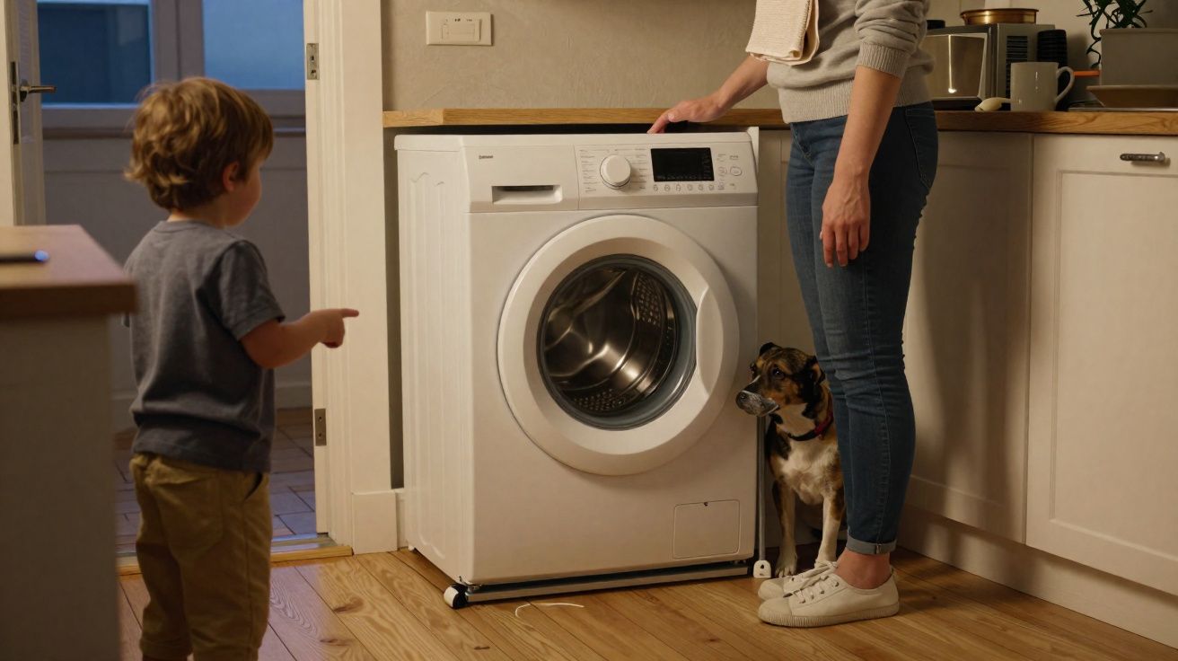 Criança aponta para a máquina de lavar enquanto adulto e cão observam em cozinha iluminada.