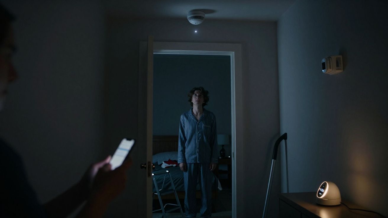 Pessoa de pijama a olhar para o teto numa divisória escura, enquanto outra segura um telemóvel iluminado.