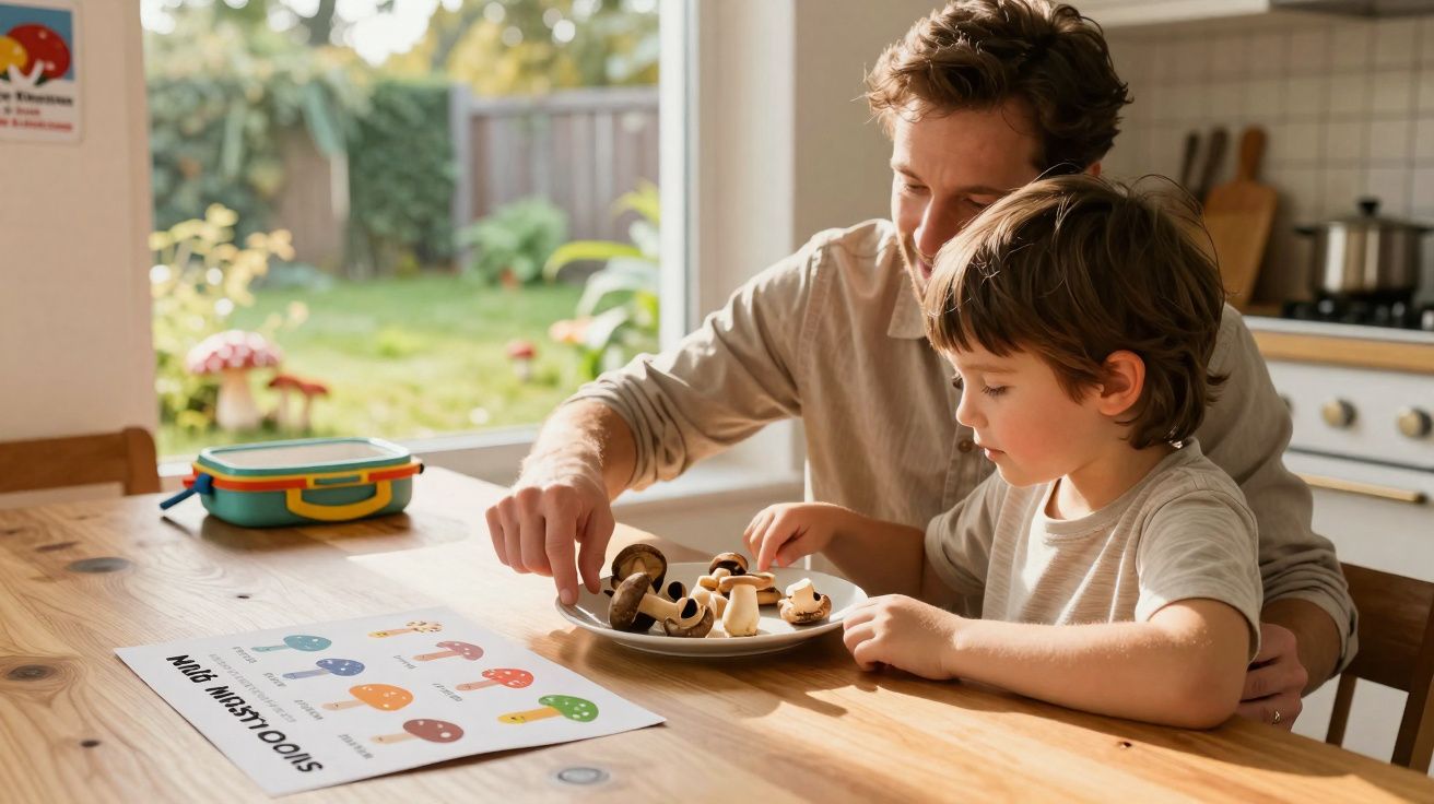 Pai e filho a aprender sobre cogumelos com um jogo educativo numa mesa de cozinha iluminada.