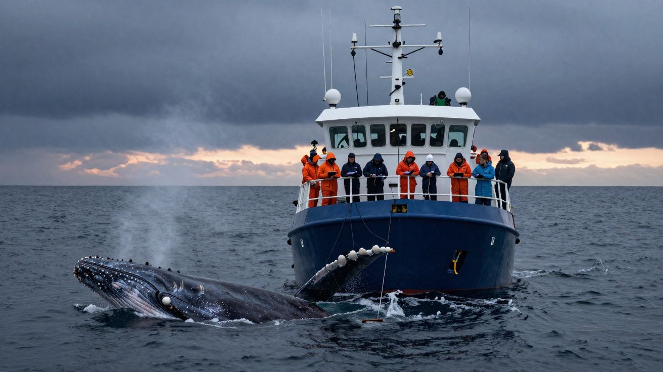 Pesquisadores observam baleia jubarte perto de barco em mar sob céu nublado ao amanhecer.
