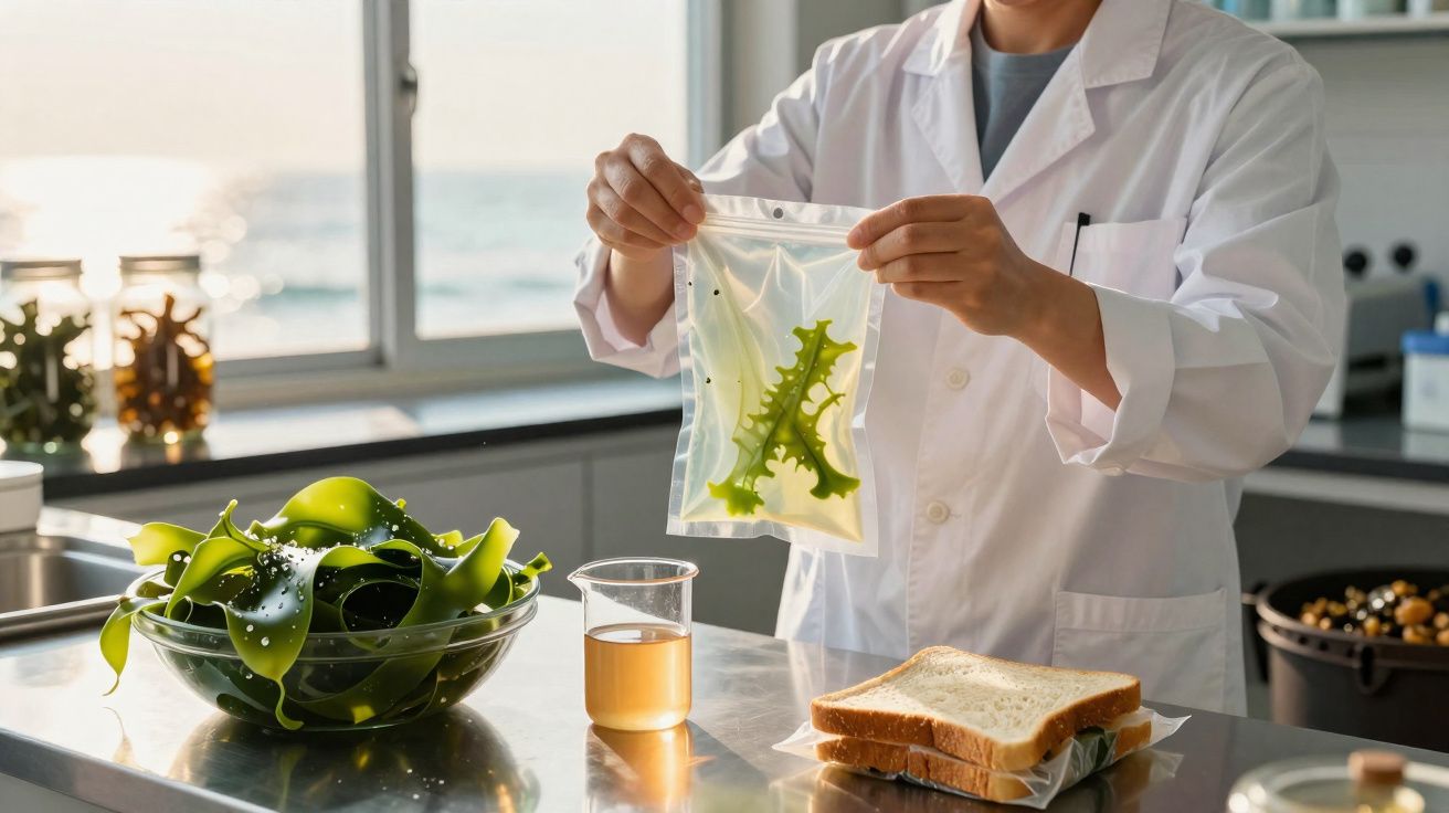Pessoa de bata branca a segurar saco plástico com algas na cozinha, ao lado de pão, copo e algas num recipiente.