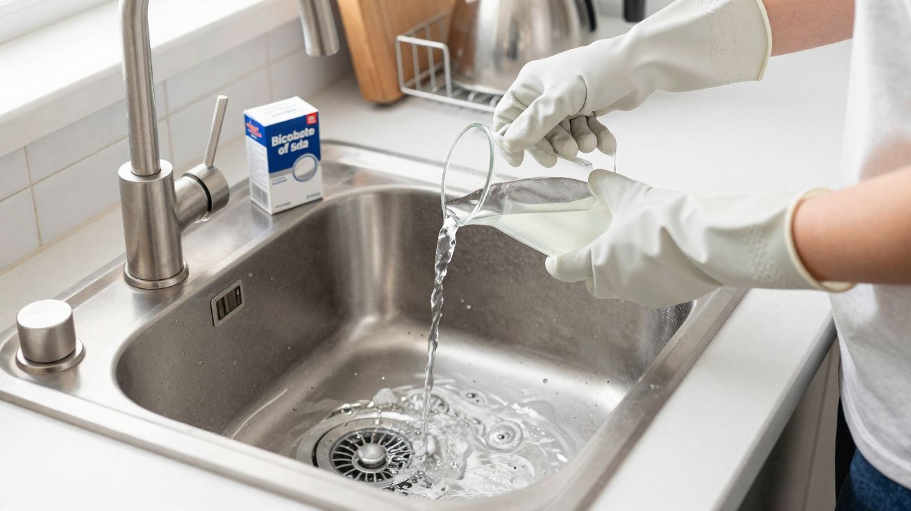 Pessoa com luvas a verter mistura de bicarbonato de sódio e água numa pia de cozinha em aço inoxidável.