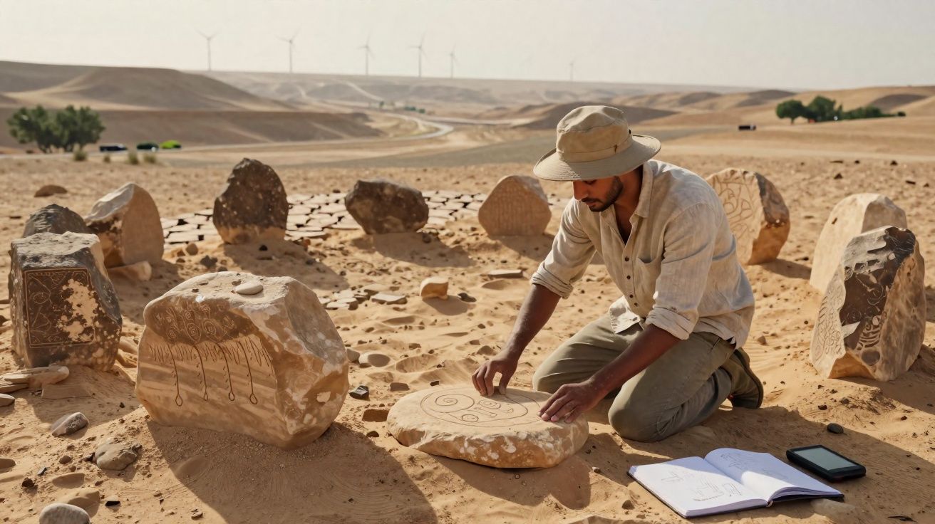 Homem em trincheira no deserto a desenhar símbolos em pedras grandes, com caderno e tablet ao lado.