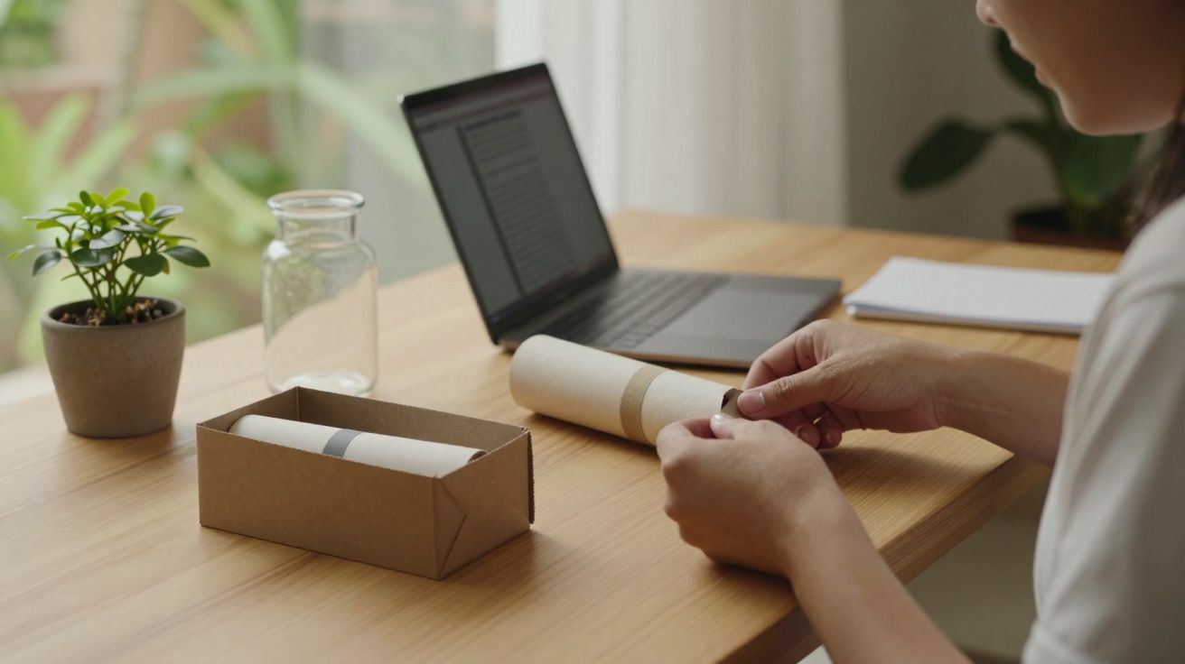 Pessoa a abrir embalagem de cosmético em caixa de cartão numa mesa com portátil e planta.