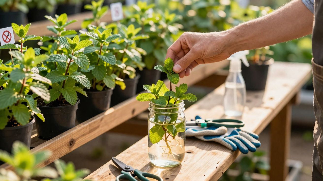 Mãos a propagar plantas em frascos de água numa estufa com ferramentas de jardinagem ao lado.