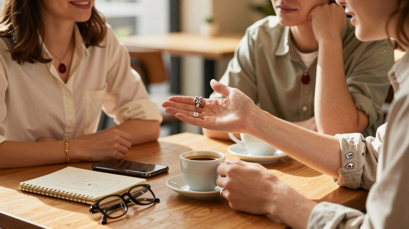 Três pessoas sentadas à mesa com café, cadernos, telemóvel e óculos, numa reunião informal.