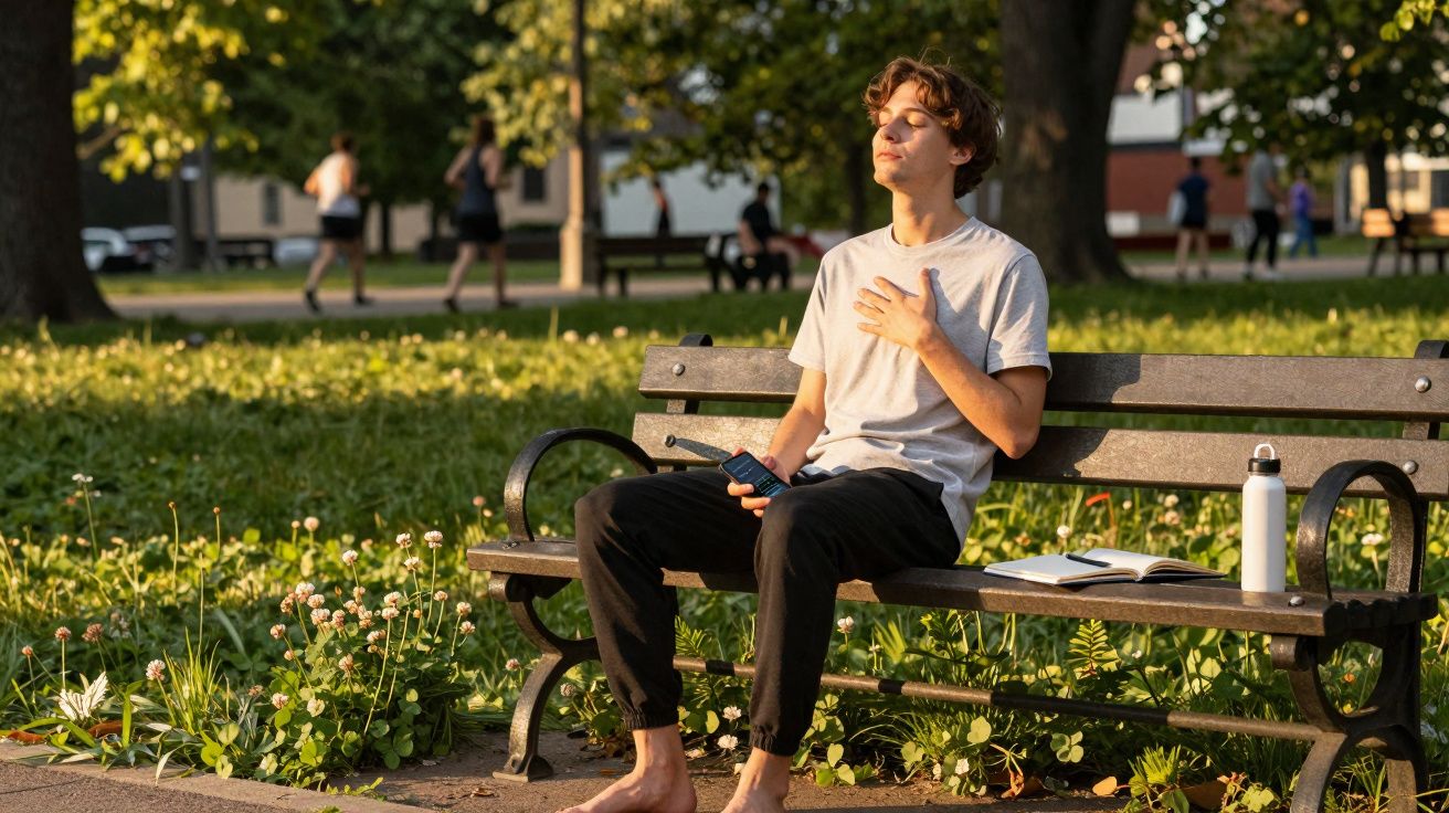 Jovem descalço sentado num banco de parque ao sol com caderno, garrafa e telemóvel, rodeado de relva e flores.