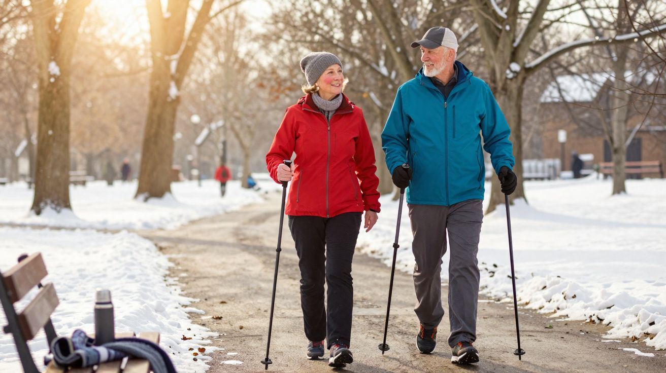 Casal sénior a caminhar com bastões num parque nevado, vestidos com casacos coloridos e sorrindo.