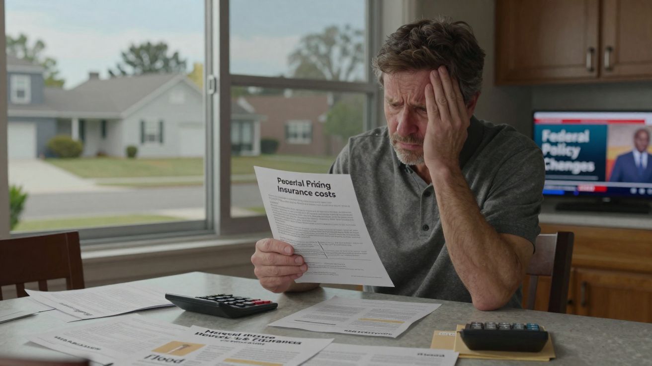 Homem preocupado a analisar despesas de seguros numa mesa com vários documentos e calculadoras.