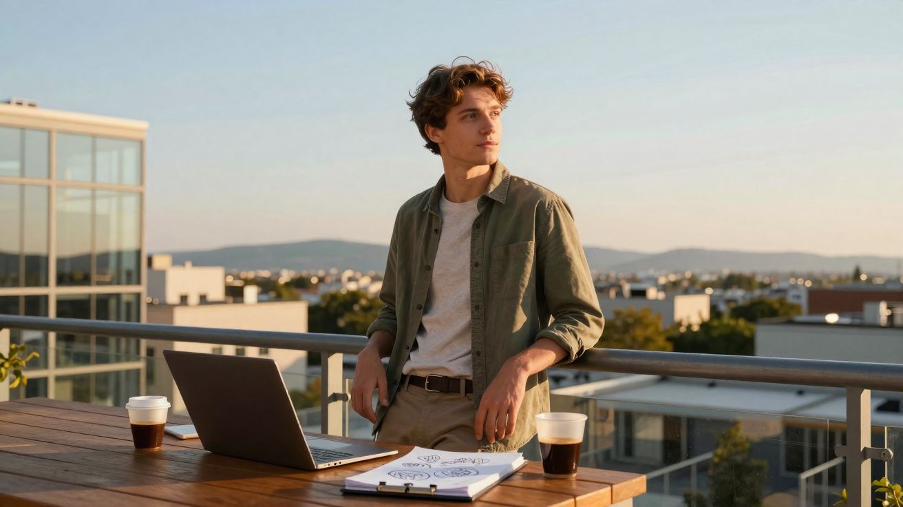 Homem jovem sentado numa varanda com laptop, papéis e cafés ao pôr do sol, olhando para o horizonte.