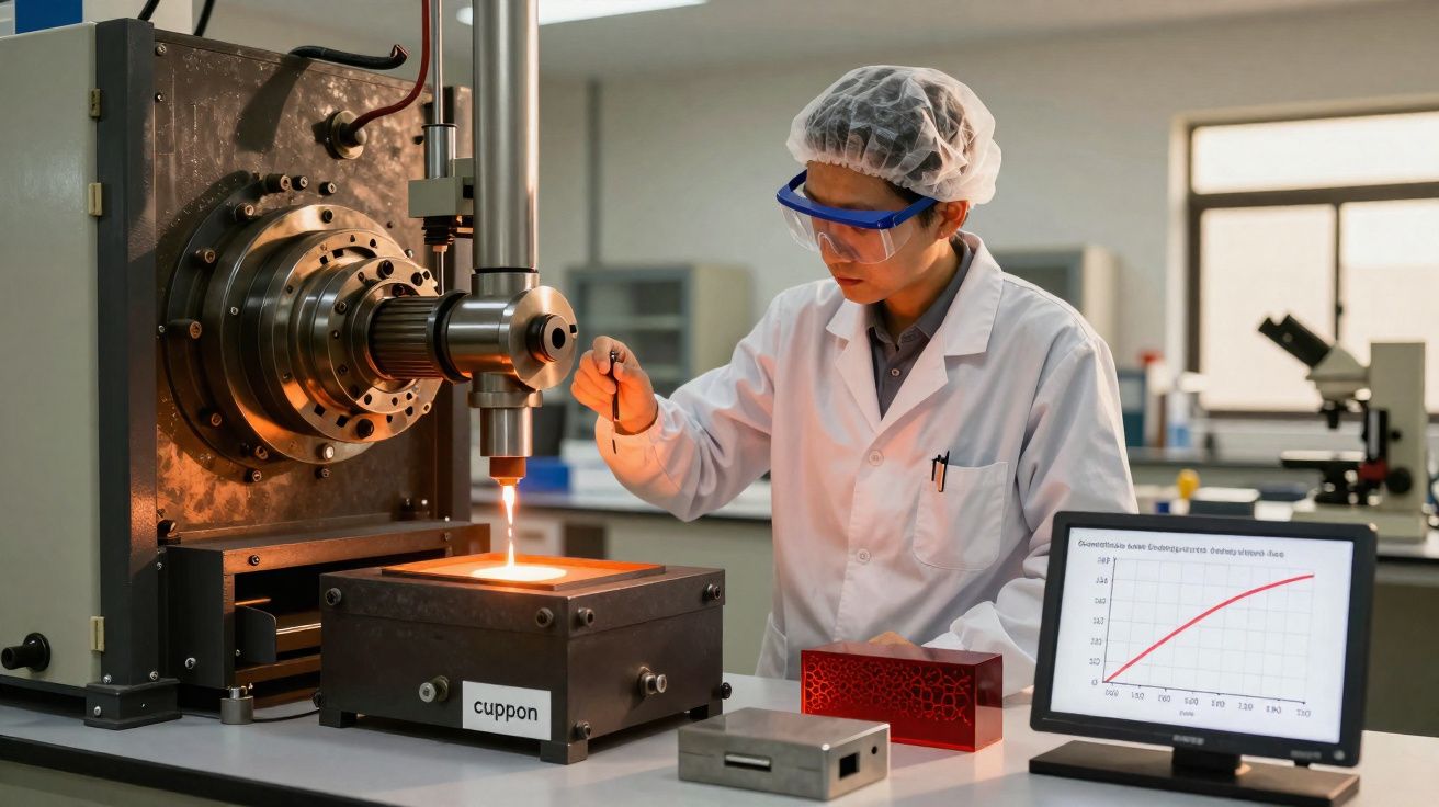 Cientista com roupa de laboratório opera máquina de análise enquanto observa gráfico num monitor.
