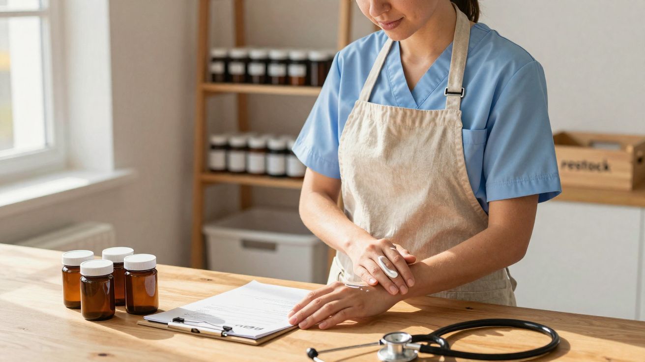 Profissional de saúde com bata azul e avental bege verifica o pulso junto a frascos e estetoscópio numa mesa de madeira.