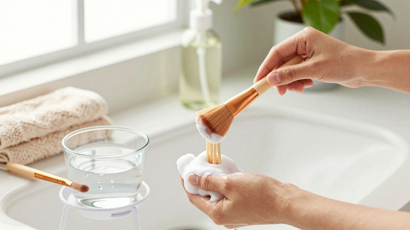 Mãos a limpar pincel de maquilhagem com espuma branca numa casa de banho iluminada e espaçosa.